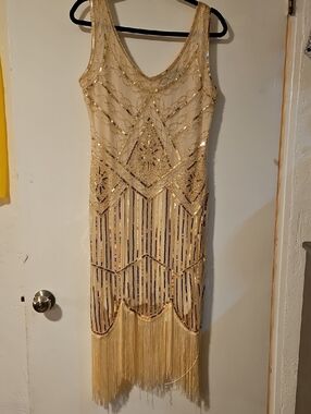 Beaded Fringe Cream Evening Dress